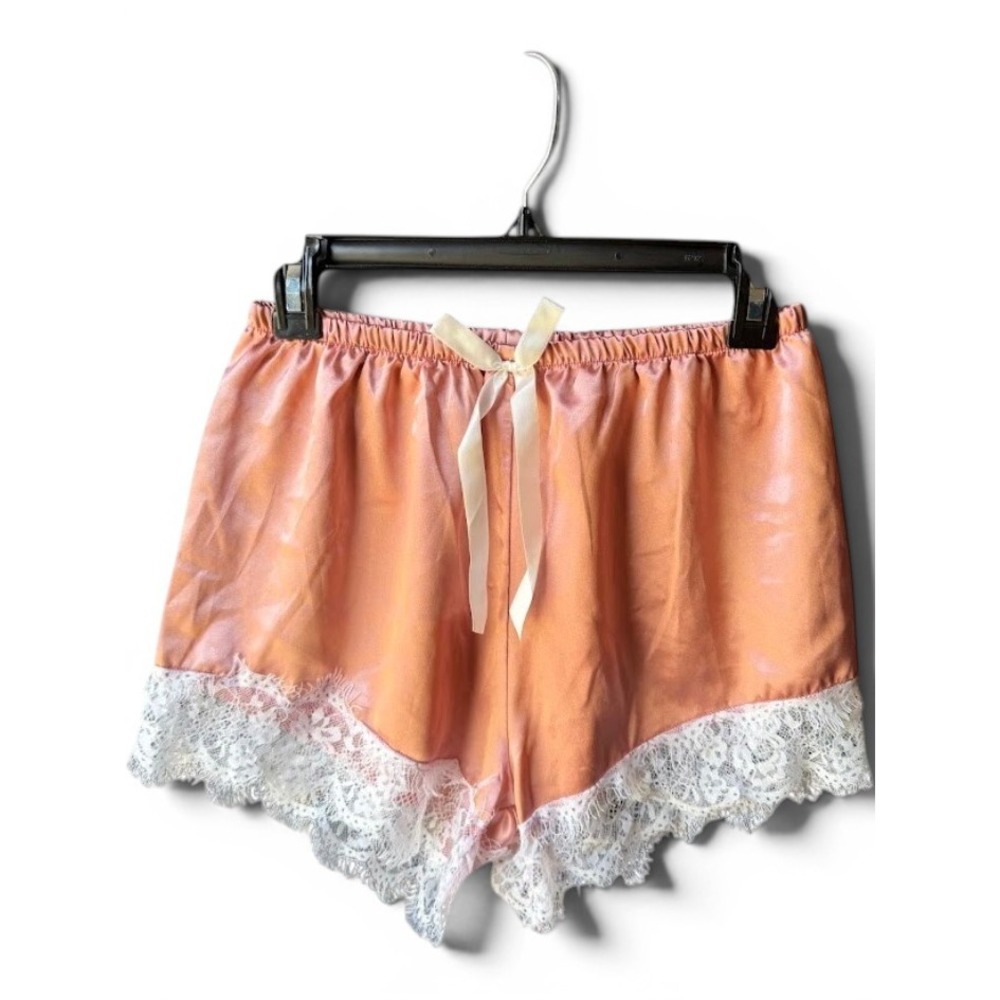 French Knicker Peach Satin Pajama Shorts White Eyelash Lace Trim Bow Detail S